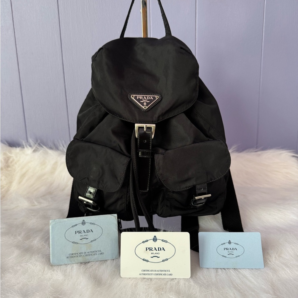 Authentic Prada Vela Mini Backpack in Black Nylon Tessuto-Full Set Cards Dustbag